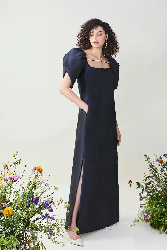 Petal sleeves A line taffeta gown