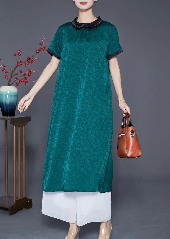 Plus Size Green Peter Pan Collar Patchwork Jacquard Silk Dress Summer