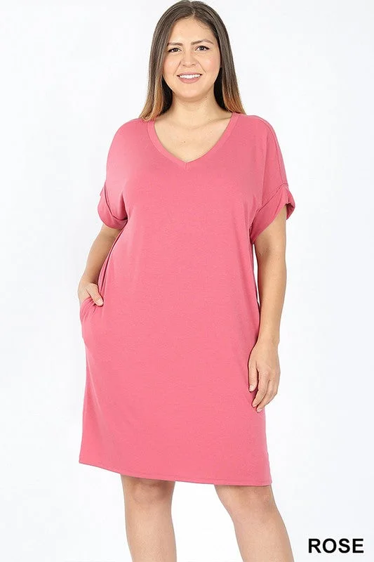 ?  Plus Size V-Neck Dress with Pockets ?