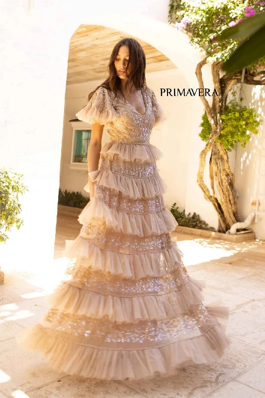 Primavera Couture -12058 Sequin Beaded Tiered Tulle A-Line Dress