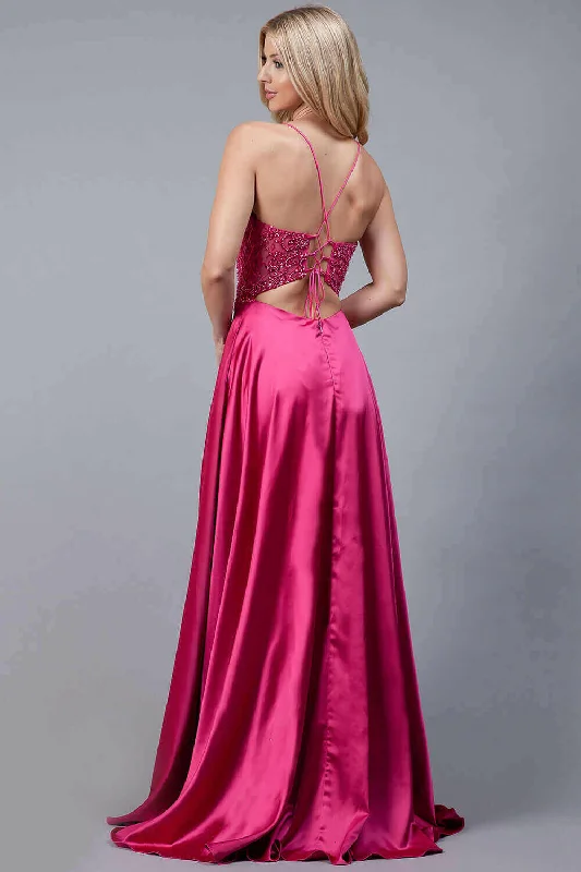 Front Slit Embroidered Bodice Straps Satin Skirt Long Prom Dress AC6120