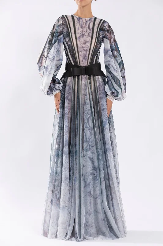 Puff sleeves printed tulle dress