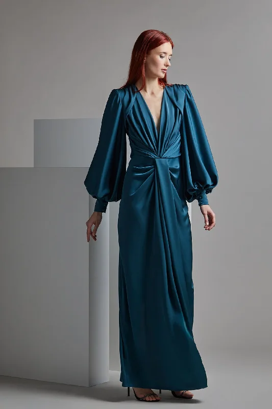 Puff sleeves satin gown with pleats