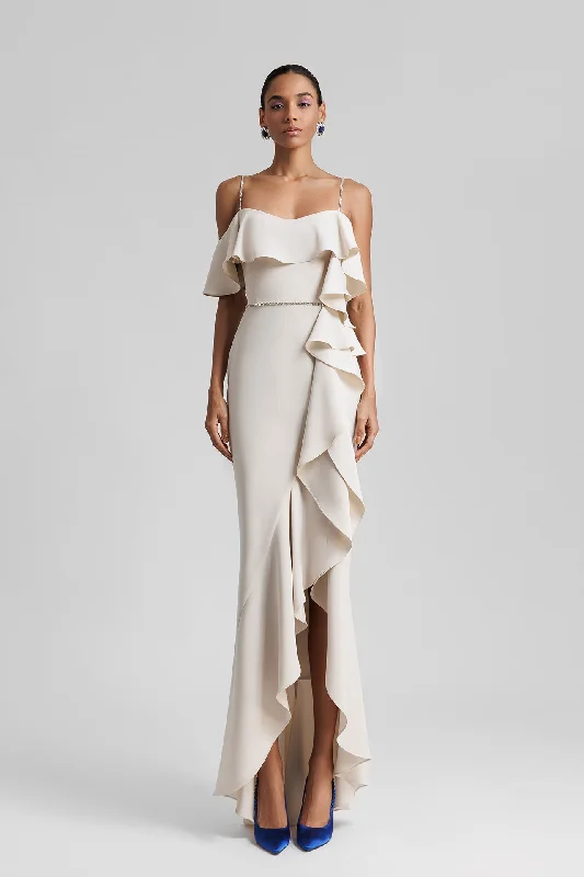 Side slit crepe dress with ruffles