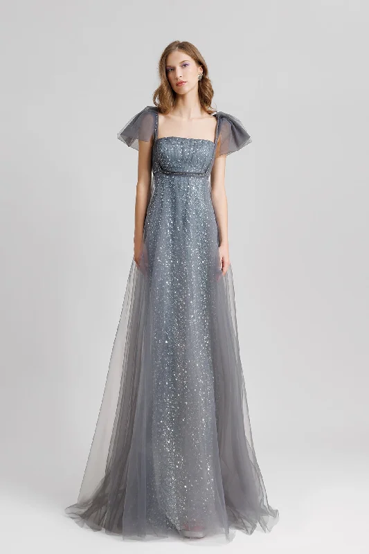 Squared neckline embroidered gown