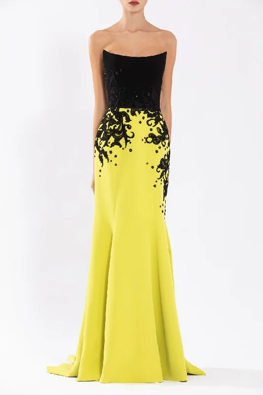 Strapless crepe embroidered dress