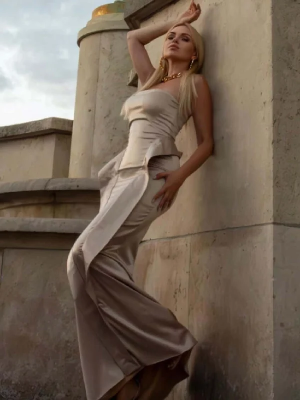 Strapless Ruched Design Satin Gown