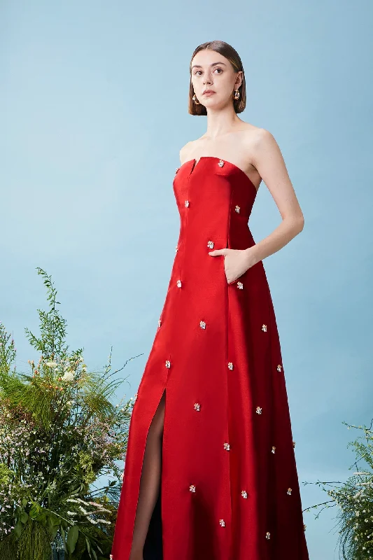 Strapless taffeta dress with embellishments