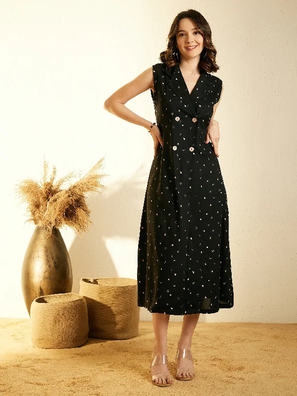 Black Cotton Solid Dress With Lapel