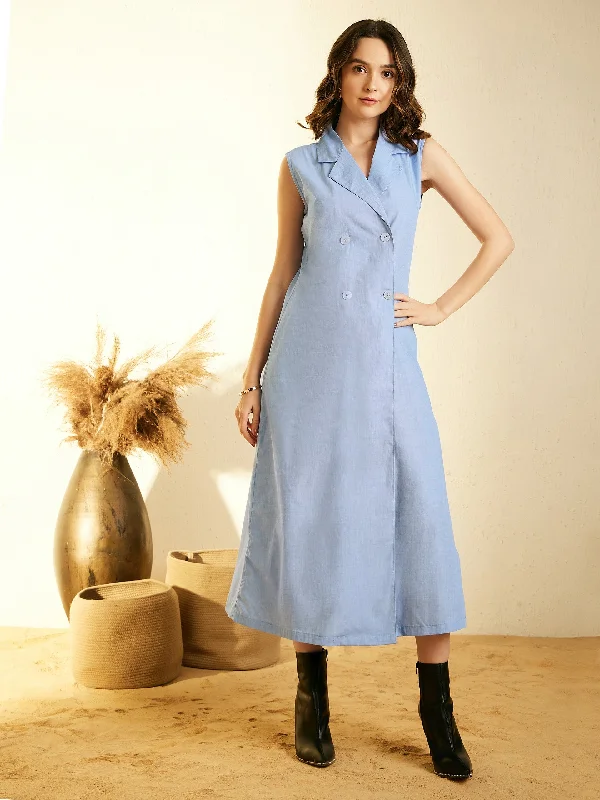 Blue Cotton Chambray Dress With Lapel