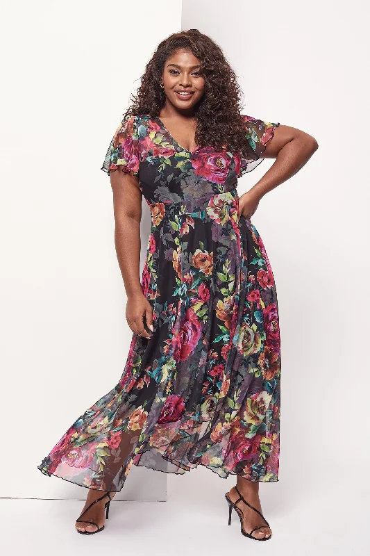 Tilly Black Fuchsia Print Angel Sleeve Sweetheart Dress