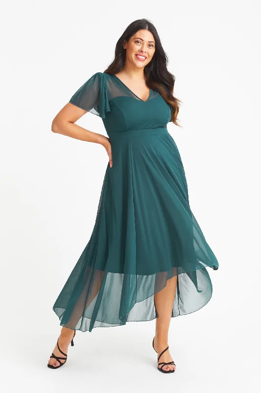 Tilly Dark Green Angel Sleeve Sweetheart Dress