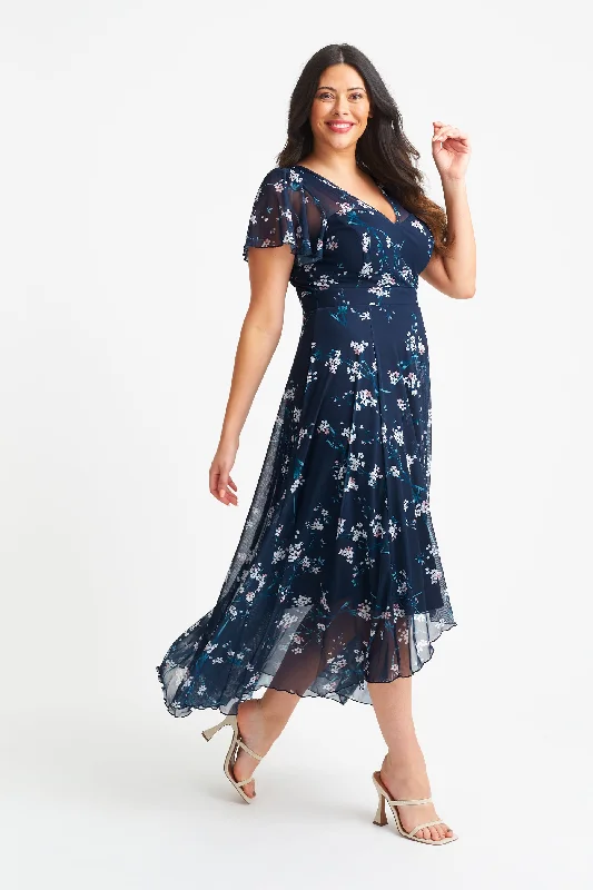 Tilly Navy Blush Print Angel Sleeve Sweetheart Dress