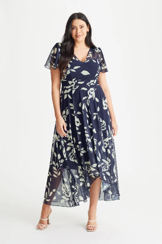 Tilly Navy Ivory Print Angel Sleeve Sweetheart Dress