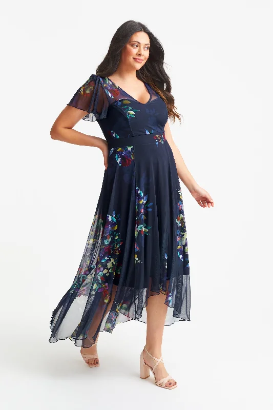 Tilly Navy Multi Print Angel Sleeve Sweetheart Dress