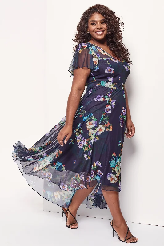 Tilly Navy Violet Print Angel Sleeve Sweetheart Dress