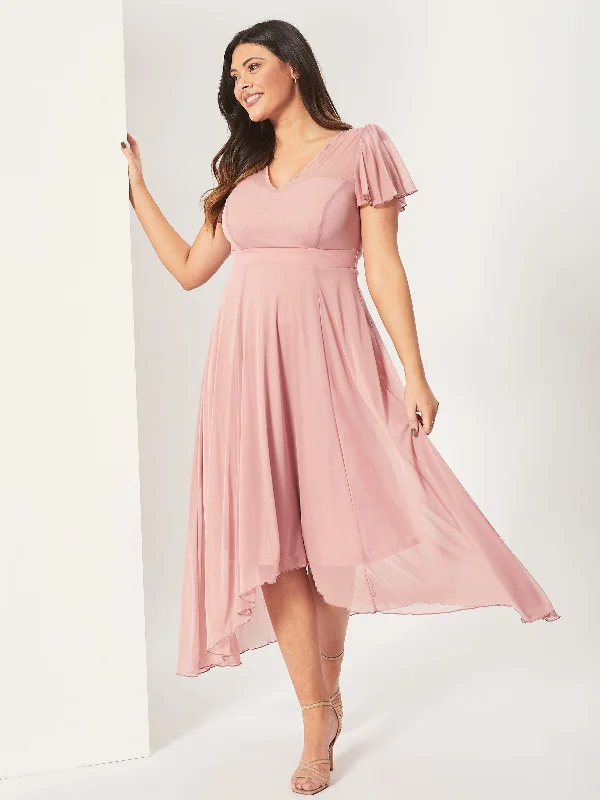 Tilly Pink Blush Print Angel Sleeve Sweetheart Dress