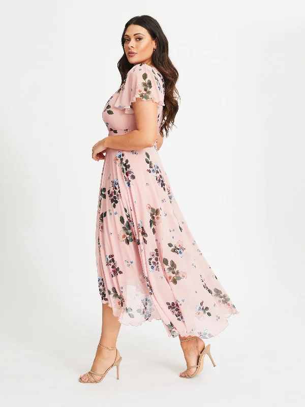 Tilly Pink Multi Print Angel Sleeve Sweetheart Dress