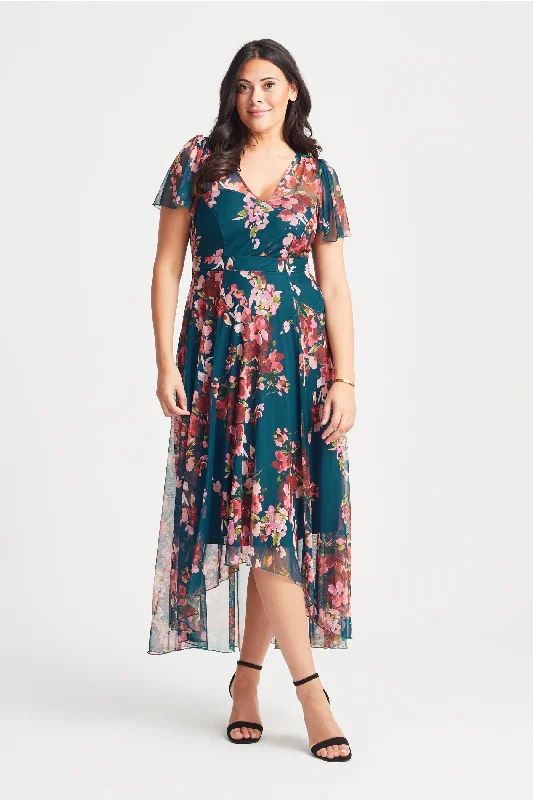 Tilly Teal Pink Print Angel Sleeve Sweetheart Dress