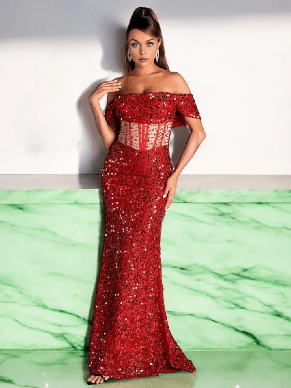 Tiva Sequins Corset Dress In Red