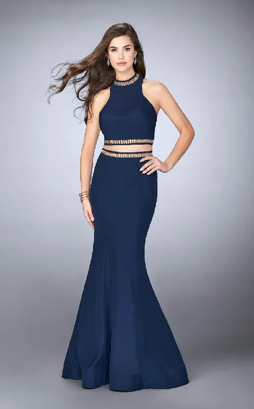 La Femme - 23932 Two Piece Halterneck Crop Top  and Mermaid Skirt Prom Dress
