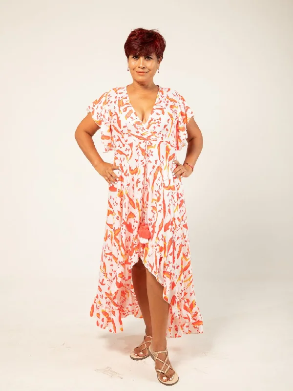 V-Neck Dress with Slit - Orange