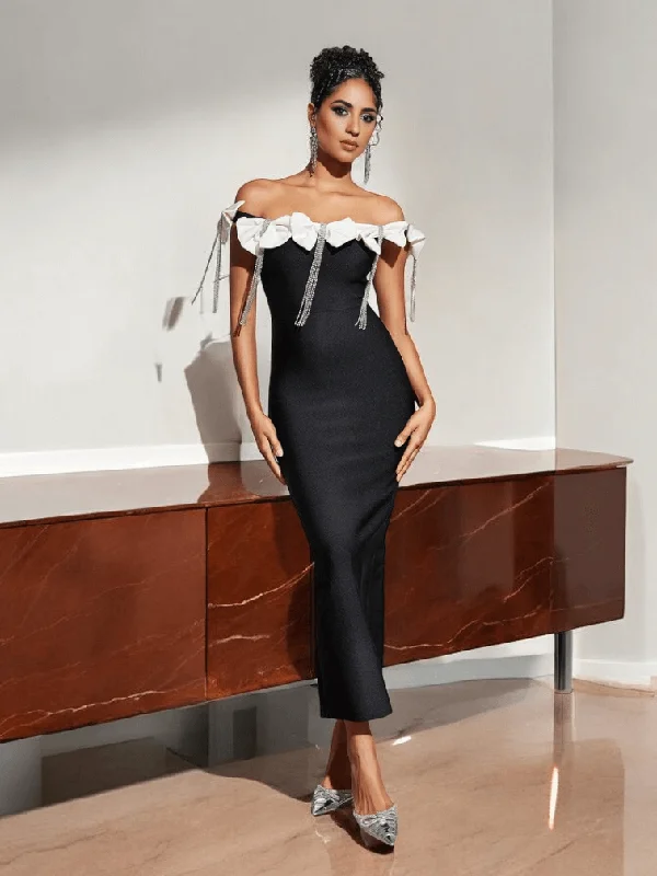 Valensia Seven Bow Accent Fringe Bandage Dress