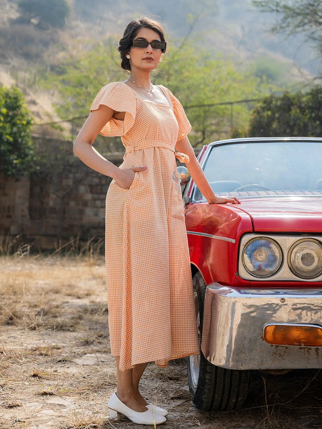 Orange & White Checked A-Line Dress